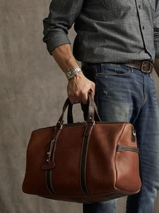 <b>Men</b> Genuine <b>Leather</b> Casual Duffle <b>Bag</b> Zipper Luxury Sport Polyester Lining Vintage Saddle Brown Weekender Travel Gym <b>Overnight</b> - Product Image 5