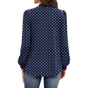 <b>Women</b> Polyester Chiffon <b>Navy</b> Polka Dot Long Sleeve Button Shirt Custom Dress Work Blouse with Elegant Office Styling - Product Image 2