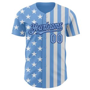 Camiseta de Béisbol con Botones, Manga Corta, Transpirable, de Poliéster, Azul con Estrellas Blancas y Rayas, Sublimada, Personalizada con Nombre de Equipo, para Adultos - Product Image 1