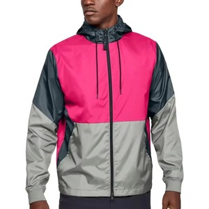 Veste coupe-vent à capuche pour homme, color-block rose et gris, en polyester, sportive, pour l'extérieur, fermeture éclair, coupe classique, automne - Product Image 4