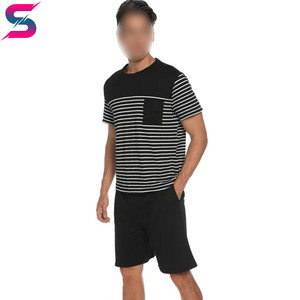 Conjunto de Camiseta y Pantalones Cortos a Rayas de Verano, Estilo Moderno, Cuello Redondo, Tejido de Algodón, Atuendo Informal Transpirable, Diseño a Rayas Blancas y Negras - Product Image 5