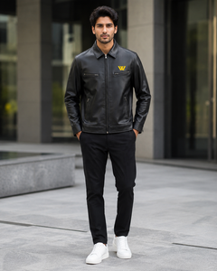 Men's Black Silk Moto <b>Jacket</b> <b>Yellow</b> W Logo Zipper Front Stand Collar Loose Fit Winter Style <b>Waterproof</b> Windproof High Street - Product Image 2