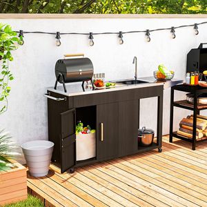 Isole e Carrelli da Cucina per Esterni, Tavolo Laterale Pieghevole con Mobiletto, Lavello in Acciaio Inox con Drenaggio, Comodo Carrello Tavolo per Grill da Esterno - Product Image 2