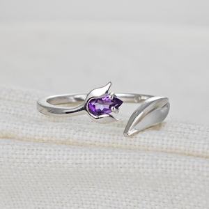 Amethyst <b>Ring</b> Tulip Flower Adjustable Gemstone Jewelry For Women - Product Image 2