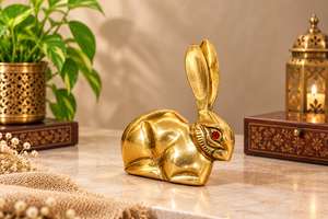 Statue de lapin en laiton artisanale avec œil en pierre précieuse rouge, finition dorée polie, figurine de lapin décorative, sculpture animale en métal - Product Image 2