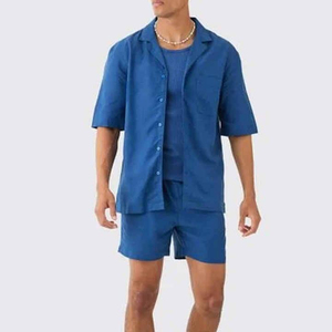 High Quality Summer Men's Shirt <b>Set</b> Men's Casual Shorts <b>Set</b> Breathable Cotton Shirt <b>Set</b> - Product Image 1
