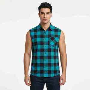 Custom Logo Fashion Men's Sleeveless Plaid <b>Flannel</b> Shirt Turn-down Collar Casual Breathable 100% Cotton Autumn Wear Men T-Shirt - Product Image 1