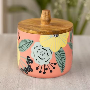 Pot de rangement en bois de manguier imprimé fleur rose Récipient de stockage de condiments alimentaires de cuisine élégante avec couvercle - Product Image 3