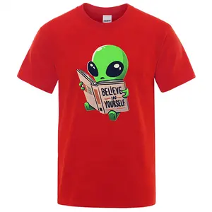 Best Quality Tees Green Alien Print Believe In Yourself T Shirt New Style Street Wear Fashion Casual Couple Boy Loose Shirt