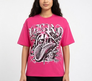 T-shirt unisexe rose vif surdimensionné personnalisé, motif punk rock, style métal vieilli, imprimé lèvres, streetwear Y2K, fabricant - Product Image 2