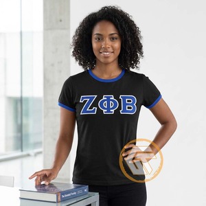GREEK TREASURES T-shirts décontractés pour femmes Zeta Phi Beta Sorority en jersey uni avec lettres brodées, respirants, col rond, 100% coton - Product Image 3