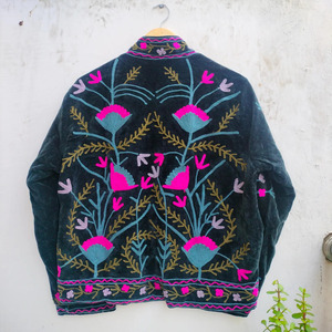 Premium Hand Embroidered Velvet Quilted <b>Jacket</b> Traditional Indian Suzani Style Women Luxury Black Floral Boho Coat Breathable - Product Image 2