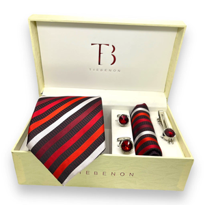 Corbata de Diseño con Rayas Rojas para Hombre |   Conjunto de regalo de corbata clásica de poliéster duradero de primera calidad para hombre, ideal para negocios, bodas y fiestas. - Product Image 1
