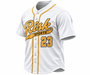 Camiseta de Béisbol Blanca para Hombre, Manga Corta, con Botones, Ribete Dorado, Número 23, 100% Poliéster Sublimado, RISK SPORTS - Product Image 1