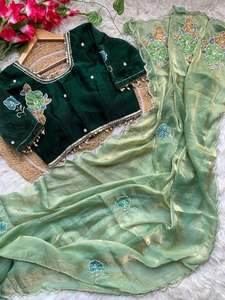 Pure soft fancy <b>satin</b> silk <b>saree</b> with beautiful hand work with pearl moti work net hand made flower work butta with cutdana - Product Image 3