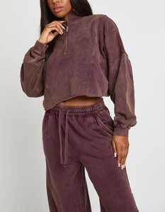 Ensemble sweat à capuche et pantalon de survêtement molletonné pour femme, coupe classique, 100 % coton épais, délavé à l'acide, avec fermeture éclair en dentelle, style streetwear, personnalisable (OEM/ODM) - Product Image 5