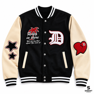 SINEWY SPORTS <b>Men's</b> Varsity <b>Jacket</b> Black Beige Embroidered <b>Letter</b> D Palm Tree Stars Heart Patch Casual Streetwear Outerwear - Product Image 1