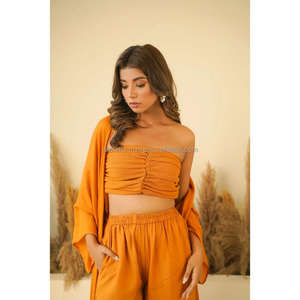 Ensemble coordonné pour femme, jaune moutarde, style gothique, motif floral paisley, haut tube froncé, pantalon palazzo, châle, tenue de vacances d'été - Product Image 3