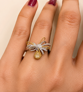 Bague de cocktail traditionnelle en laiton bicolore de luxe avec nœud papillon et pierre de zircon ronde, ajustable, cadeau de mariage pour femme, bijoux - Product Image 1