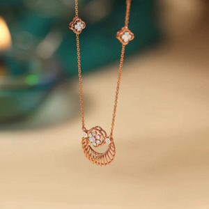 Floral Crest Diamond <b>Necklace</b> with Sculpted Rose Gold <b>Fan</b> Frame and Triple Blossom Accent Design - Product Image 1