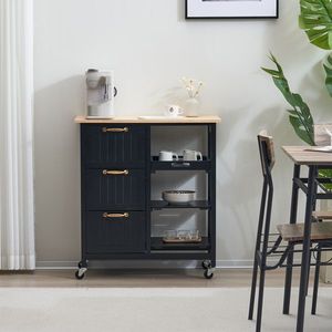 Carrello da Cucina a Tre Cassetti e Tre Ripiani con Maniglia Color Bronzo, 76*37*84cm, Piano in Legno Verniciato Nero - Product Image 3
