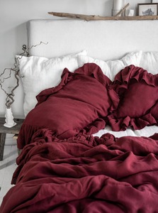 Ensemble de housse de couette en lin rouge à volants sur mesure, pour usage domestique, service OEM/ODM, ensembles de housses de couette - Product Image 3