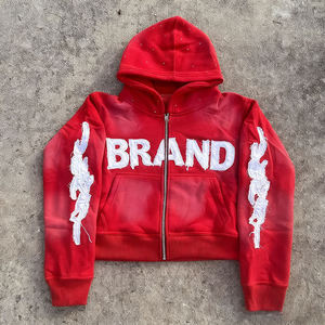 Sudadera con capucha y cremallera Glory para hombre, estilo urbano, de peso pesado, con lavado ácido, efecto vintage desgastado, corte recortado y bordado de pedrería. - Product Image 5