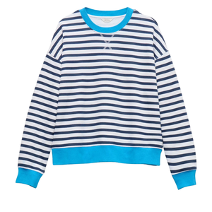Custom <b>Womens</b> Navy <b>White</b> Striped <b>Sweatshirt</b> Turquoise Crew Neck Cuffs Hem Long Sleeve Boxy Fit Wholesale Casual Pullover Apparel - Product Image 6
