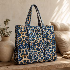 Artisan Blue Animal Print Vintage Tote <b>Bag</b> Large Quilted Cotton Shoulder Shopper <b>Women</b> Market Travel <b>Beach</b> Everyday Carryall - Product Image 2