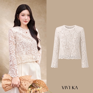 Blusa de Encaje Floral de Manga Larga Color Crema para Mujer, Cuello Redondo, Transparente, Elegante, Corte Regular, Primavera Verano, SAMUEL - Product Image 1