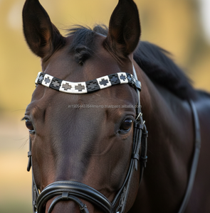 Frontal de cuero negro y blanco con patrón tejido a mano para caballo polo - Product Image 1