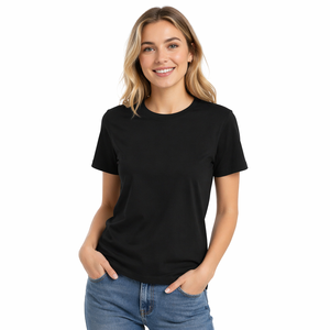 T-shirt à manches courtes col rond noir pour femme, coupe classique, tricoté, couleur unie, décontracté, à porter toute l'année - Product Image 1