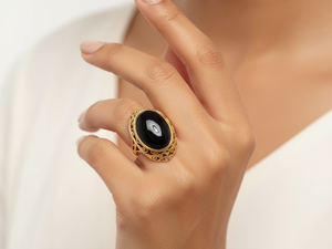 <b>Gold</b> Plated Brass Filigree <b>Ring</b> with Oval Black Onyx Gemstone - Product Image 2