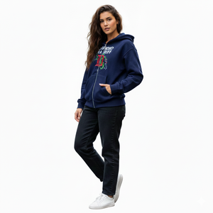 Sudadera con capucha corta azul oscuro con cremallera, logotipo bordado en la parte delantera, unisex, informal, de otoño, tejida, 100% algodón, para mujer - Product Image 2
