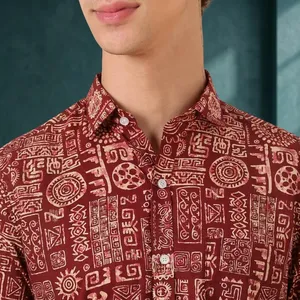 Camisa de Verano para Hombre, Manga Corta, Tejida, con Botones, Color Granate, Estampado Étnico, Cuello Camisero, Estilo Casual - Product Image 5