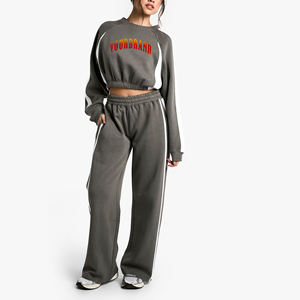Ensemble de survêtement gris 2 pièces pour femmes grandes tailles, manches longues, col rond, coupe ample, sportif, toutes saisons, en molleton tricoté avec bande latérale - Product Image 4