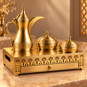 Juego de Café y Té Estilo Medio Oriente Dorado con Tetera Dallah y Bandeja Decorativa, Tetera Metálica de Diseño Duradero - Product Image 3