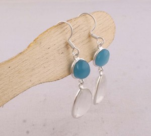 Boucles d'oreilles pendantes en calcédoine bleue naturelle et quartz cristal, argent sterling 925, facettées, multi-pierres, faites à la main, vente en gros - Product Image 6