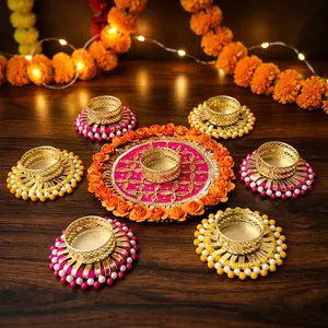 AARNA COLLECTION Handmade Luxury Eco-Friendly Orange Pink Pearl <b>Tealight</b> Candle <b>Holder</b> Set Flower Rangoli Base for Diwali Party - Product Image 6