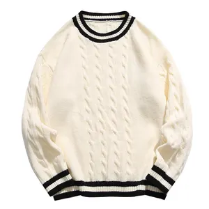 Jersey personalizado de algodón con cuello redondo y manga larga, Jersey de punto a rayas, suéter Jacquard de punto para hombre