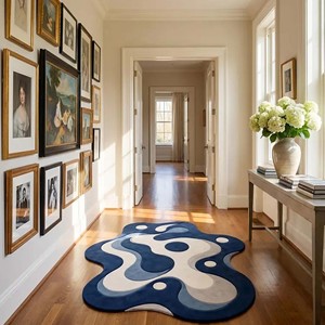 Alfombra abstracta azul y blanca de forma irregular, de lana suave, hecha a mano, moderna, para sala de estar, dormitorio, decoración única para el hogar. - Product Image 5