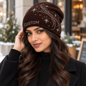 Custom Rhinestone Knit <b>Beanie</b> Women <b>Brown</b> Slouchy Winter Hat Sparkle Star Design Wholesale Fashion Streetwear Cap Bulk USA - Product Image 6
