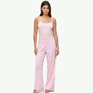 Ensemble de pyjama en tricot floral rose pour femmes, sans manches, 100% soie, respirant, vêtements de nuit décontractés, longueur intégrale, taille élastique, printemps - Product Image 2