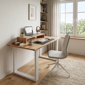 Bureau de direction moderne en bois massif avec étagère surélevée pour écran, cadre en métal blanc, table ergonomique pour ordinateur et écriture - Product Image 3