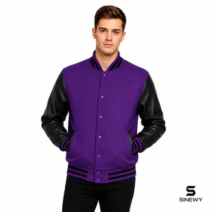Veste universitaire violette écologique pour homme SINEWY, manches en cuir PU noir, logo sur le devant, col montant, vêtement décontracté d'automne, doublure en laine - Product Image 5