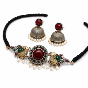 Women's Antique Oxidized Brass Two-Tone Gold Plated Bezel Setting Onyx Animal Motif Bohemian Style Wedding Choker Necklace <b>Rope</b> - Product Image 3