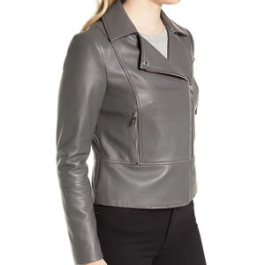 Veste en cuir d'agneau pour femme de qualité supérieure, modèle 2025, sans col, coupe ajustée, courte, noire, avec fermeture éclair, imperméable - Product Image 3