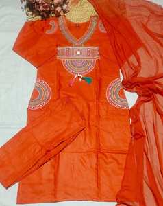 <b>Women</b> Orange Embroidered Cotton Straight <b>Kurta</b> Palazzo Dupatta <b>for</b> Wedding Festive Partywear Recycled Materials All Seasons - Product Image 3