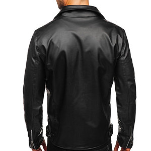 Blouson moto en cuir noir pour homme, col rabattu, fermeture éclair, coupe ajustée, couleur unie, pour l'automne, manches classiques - Product Image 2