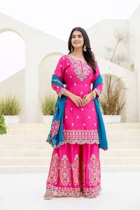 Women's Modern Chinon <b>Silk</b> Embroidered <b>Kurta</b> Set with Dupatta for Wedding Party & Diwali Occasions-Quick Dry Regular Fit - Product Image 3